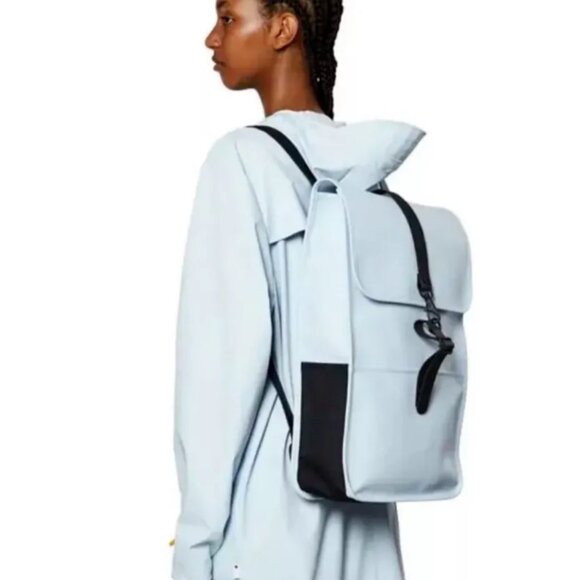 RAINS Backpack Sky Blue 12200 Unisex Waterproof Vegan Leather NWT 18x11x5 SKY - Picture 1 of 7
